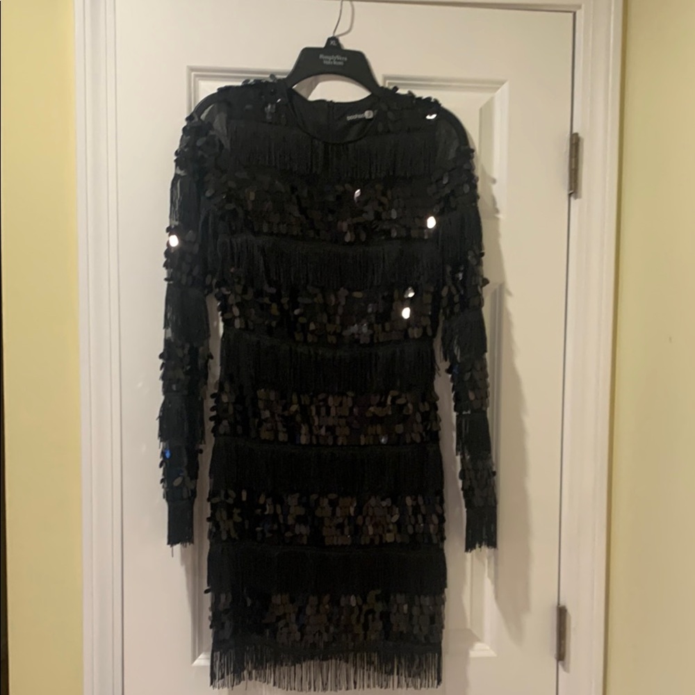 Boohoo Black Sequin Fringe Mini Dress